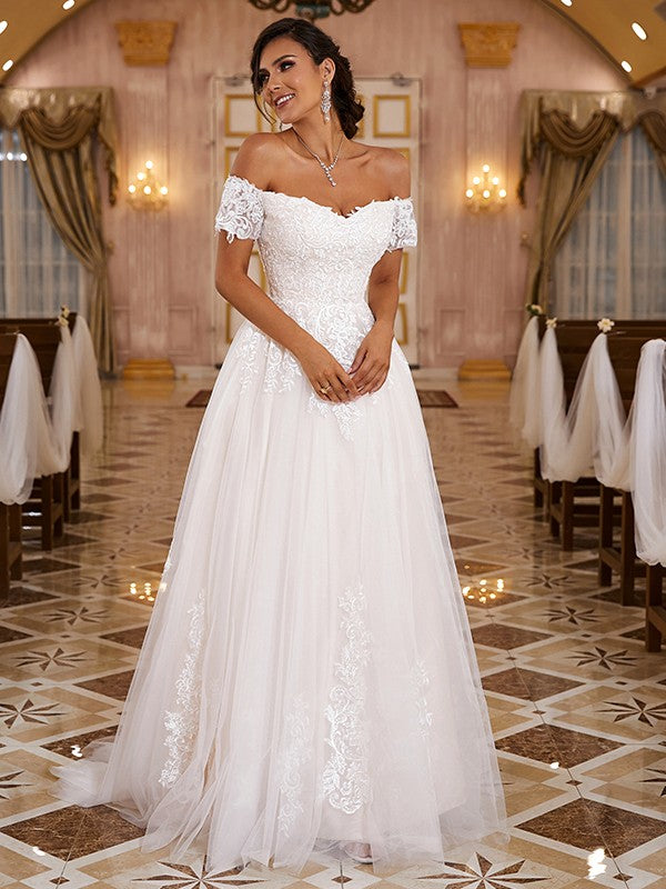 Wholesale A-Line/Princess Lace Applique Off-the-Shoulder Short Sleeves Sweep/Brush Train Wedding Dresses
